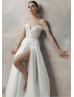 Off Shoulder Beaded Ivory Lace Satin Slit Wedding Dress